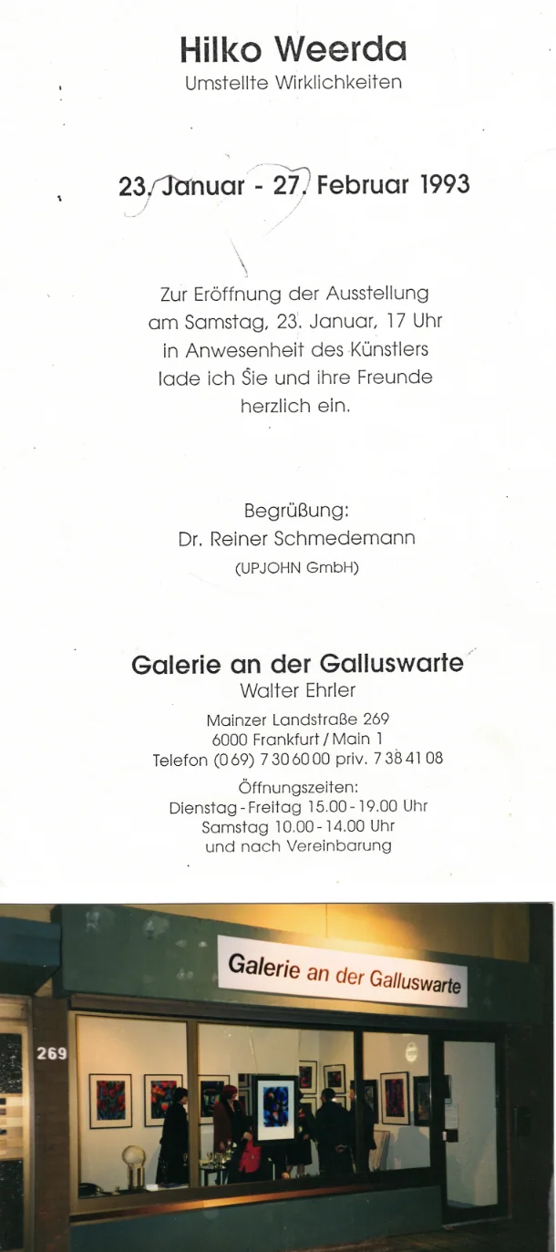 Einladung und Außenansicht der Galerie an der Galluswarte, Frankfurt, 1993